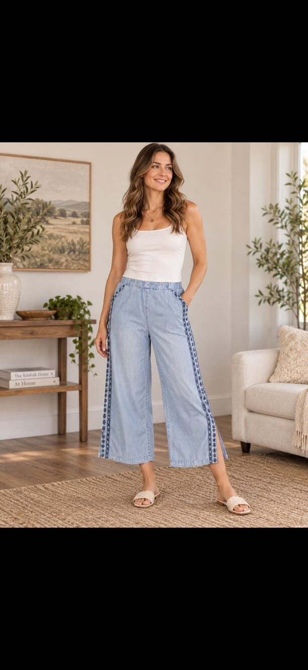 Soft Surroundings Large Tencel Wide Leg Crop Pants Blue Embroidered Side Slit
